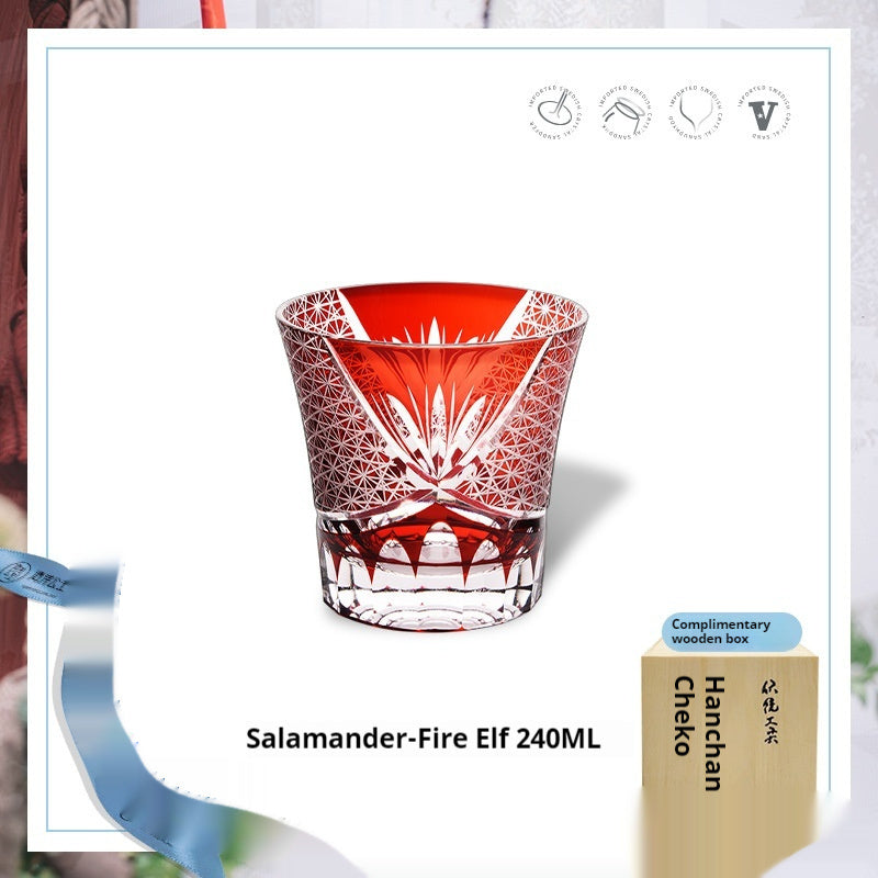 Japanese-style Edo Cutter Crystal Glasses Whiskey Shot Glass - Starry Blue-Streamlined Gray-Streamline Pattern Red-Fire Elf Red And White-Starry Blue Wooden Box- Cellar Wall- 98419766