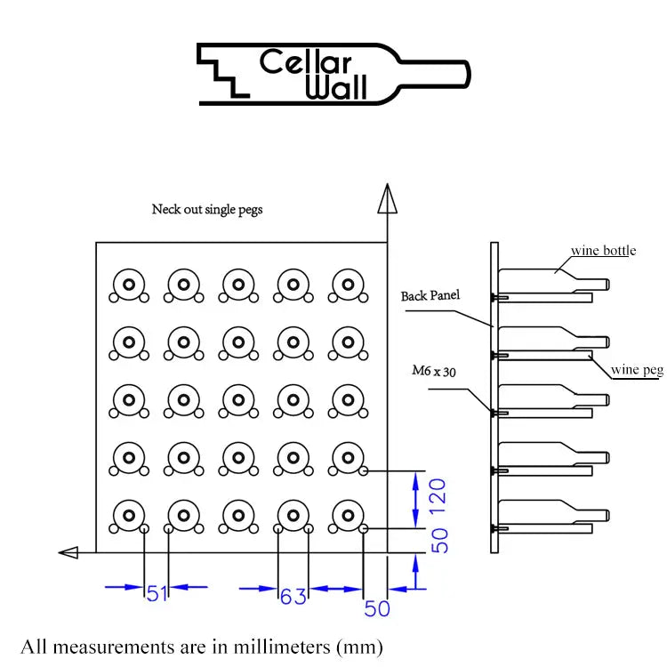 Straight Single Bottle Wine Peg - Silver-Black- Cellar Wall- 61314118