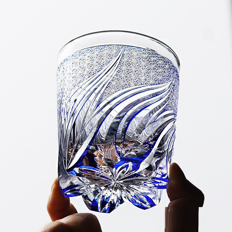 Household Carved Japanese Style Edo Cut Crystal Glasses - Blue Bright-Blue Butterfly Return-Green- Cellar Wall- 97048319