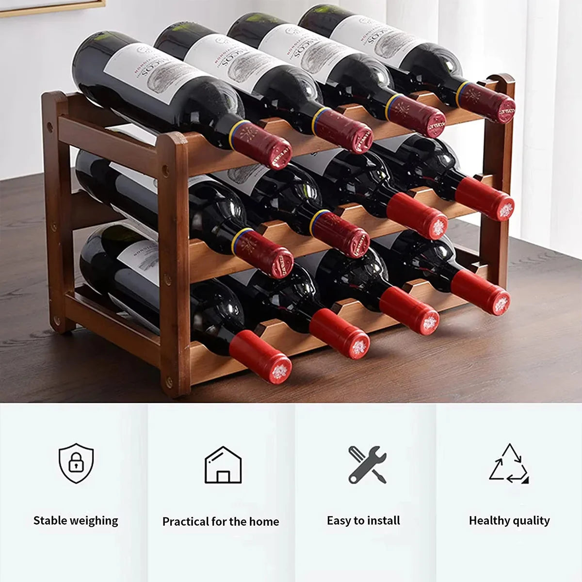 Layered Bamboo Wine Rack - 2 Layer - 6 Bottles-3 Layer - 9 Bottles-4 Layer - 12 Bottles-2 Layer - 8 Bottles-3 Layer - 12 Bottles- Cellar Wall- 91445248